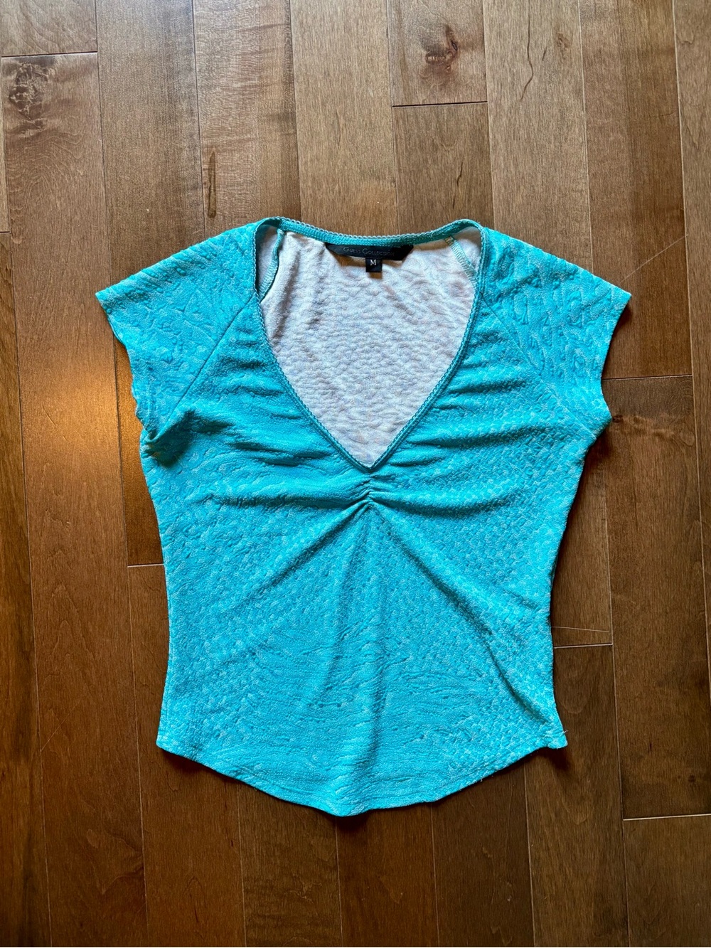 Guess Teal V-Neck Cropped Short Sleeve Top